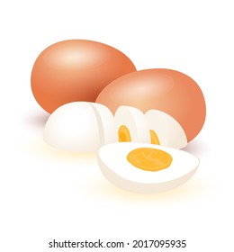 Pollo todo cocido y huevos rebanados, huevo blanco y yema. Desayuno rápido vectorial, proteínas y vitaminas, comida saludable, diseño de cocina en casa. Aislado sobre fondo blanco