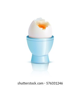 Soft boiled egg in blue eggcup on white background realstic vector illustration