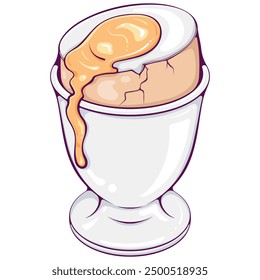 Soft boiled egg with liquid yolk on a stand. Chicken egg in cup close-up. Color vector illustration in hand drawn style. Fresh diet breakfast food isolated on white. Ingredients for cooking