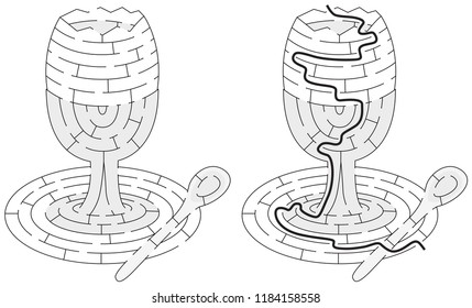 Soft boiled egg maze for kids with a solution in black and white