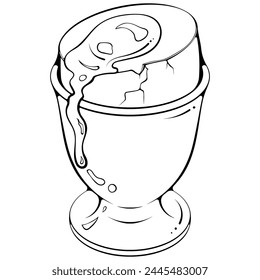 Huevo cocido suave en un soporte. Huevo de pollo en primer plano. Ilustración vectorial dibujada a mano estilo garabato. Gráfico de producto de granja de alimentos de arte de línea aislado en blanco. Diseño para libro de colorear, impresión