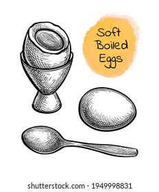 Soft boiled eggs in cup and spoon. Ink sketch isolated on white background. Hand drawn vector illustration. Retro style.