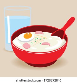 Soft boiled rice with Pork and Boiled Egg ontop. A classic Food Asian breakfast dish made by boiling rice. Flat style vector illustration.