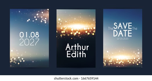 Soft bokeh with light flyer design template set. Luxury gold sky design. Poster collection.
