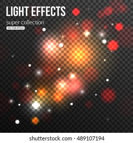 Soft bokeh lights and sparkles on transparent background. Cosmic vector illustration.
