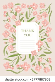 A soft botanical illustration of pink rose evening primrose flowers. Designed in a feminine and elegant style for use in thank you cards, wedding invitations, and spring seasonal branding.
