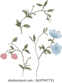 A soft botanical set featuring pink and blue wildflowers with leafy green stems—perfect for adding a natural charm to your creative projects.