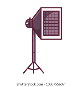 Soft box icon in outline style. Photostudio flashlight with softbox diffuser, grid and stand. Photography studio light vector illustration in flat design.