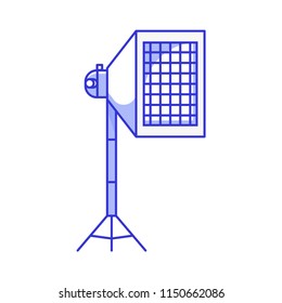 Soft box icon in outline style. Photostudio flashlight with softbox diffuser, grid and stand. Photography studio light vector illustration in flat design.