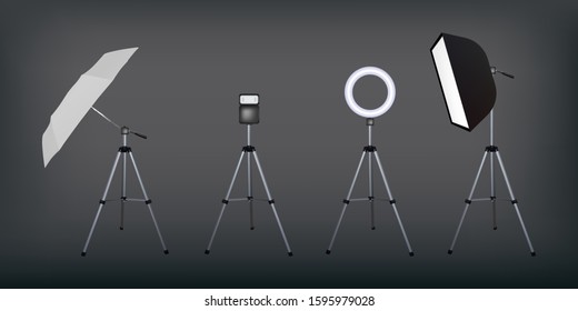 Soft box and umbrella reflectors, flash and circular speed light. Dark background. Photo flash equipment. Vector illustration. Spotlight softbox.