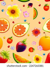 Soft and bright color background cute delicious realistic fun vector fruits joy of fruits, floral botanic elements, flowers blossom fruit peach banana watermelon strawberry, decorative home decor 