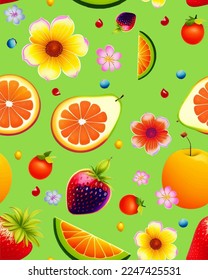 Soft and bright color background cute delicious realistic fun vector fruits joy of fruits, floral botanic elements, flowers blossom fruit peach banana watermelon strawberry, decorative home decor 