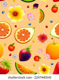 Suave y brillante fondo de color lindo delicioso divertido frutas vectoriales realistas alegría de frutas, elementos florales botánicos, flores flor de fruta melocotón banana sandía fresa, decoración decorativa de la casa 