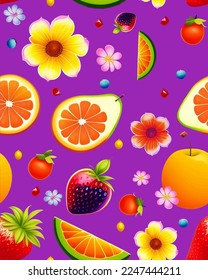 Soft and bright color background cute delicious realistic fun vector fruits joy of fruits, floral botanic elements, flowers blossom fruit peach banana watermelon strawberry, decorative home decor 