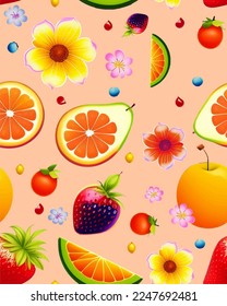 Soft and bright color background cute delicious realistic fun vector fruits joy of fruits, floral botanic elements, flowers blossom fruit peach banana watermelon strawberry, decorative home decor 