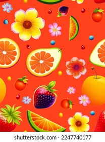 Soft and bright color background cute delicious realistic fun vector fruits joy of fruits, floral botanic elements, flowers blossom fruit peach banana watermelon strawberry, decorative home decor 