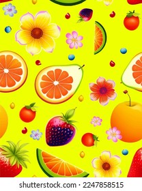 Weich und hellfarbener Hintergrund süß köstliche realistische spaßige Vektorfrucht Freude Früchte, florale botanische Elemente, Blumen Blüten Blüten Früchte pfirsichblütige Wassermelone Erdbeere, dekorative Wohnungsdekoration 
