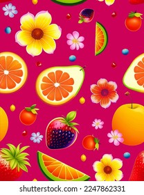 Soft and bright color background cute delicious realistic fun vector fruits joy of fruits, floral botanic elements, flowers blossom fruit peach banana watermelon strawberry, decorative home decor 