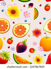 Soft and bright color background cute delicious realistic fun vector fruits joy of fruits, floral botanic elements, flowers blossom fruit peach banana watermelon strawberry, decorative home decor 