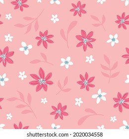 Soft bright little white and pink flowers and pink branches on a pink background. Seamless surface repeat vector pattern.