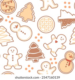 soft brown Christmas cookie pattern. Snowman, Christmas tree, gingerbread, Cookie 