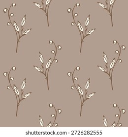 Weich-braunes Blumenmuster, mit handgezeichneter Skizze von Zweigen und Beeren. Textilien, pastellfarbener Hintergrund, Tapete. Vektorgrafik