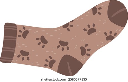 Soft brown sock decorated with dark brown paw prints, creating a cozy and playful design, perfect for keeping feet warm during cold weather