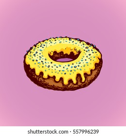 Soft bun with yummy citrus flavor cook sugary syrup creme design isolated on lilac backdrop. Bright color hand drawn picture sketch in art doodle style