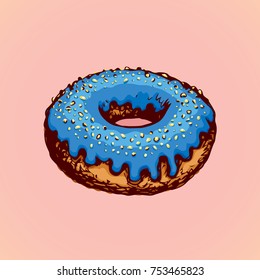 Soft bun with yummy vibrant cyan flavor creme sugary syrup isolated on white backdrop. Bright color hand drawn picture icon sketch in art vintage doodle style