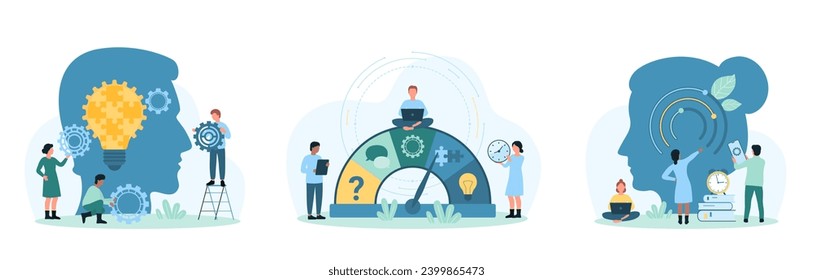 Soft business skills set vector illustration. Cartoon tiny people improve problem solving and social communication ability, critical thinking and adaptation quality of light bulb ideas of person