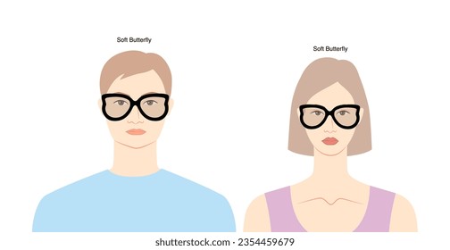 Gafas de marco de mariposa suave en la ilustración de accesorios de moda de carácter plano para mujeres y hombres. Vista frontal de vidrio solar estilo de silueta unisex, anteojos de borde, contorno de estilo de esbozo de lente aislado en blanco