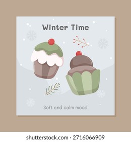 Weiche und ruhige Winterdarstellung mit süßen Cupcakes in Pastellfarben und sanftem flachen Stil. Perfekt für Social-Media-Beiträge, saisonale Werbeaktionen, Winterthemen, Bäckereiinhalte und gemütliche Lifestyle-Designs. Im quadratischen Format entwickelt, ideal für Instagram und digitale Nutzung.
