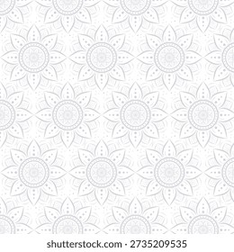 A soft and calming Ramadan-inspired seamless Islamic floral mandala pattern designed with light neutral tones. Perfect for Ramadan backgrounds, Eid decorations, Islamic wallpapers, textile prints, packaging, greeting cards, digital designs, and spiritual Muslim-themed creative projects.