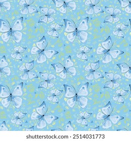 A soft, calming vector seamless, non-directional pattern of light blue butterflies fluttering on a sky blue background with subtle lime green hand drawn floral accents. Ideal for spring or summer