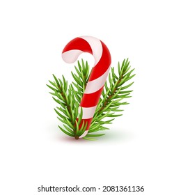 Soft candy cane with red and white stripes and with branch of christmas tree, fir. Christmas vector illustration for postcard, business card, decor, design, arts, party, sale, advertising.