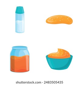 Soft caramel icons set cartoon vector. Nasty soft caramel in bowl and jar. Sweet food