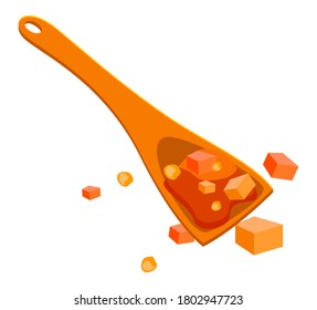 Soft caramel on the wooden spoon with hazelnut, cartoon style isolated on white background. Caramel mixture of liquid and cubes with nuts. Sugar sweetness coffee dessert, candy toffee illustration