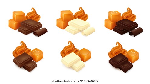 Soft caramel and square toffee candies with different types of chocolate (white, milk, dark). Side view. Realistic vector illustration. 