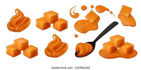 Soft caramel, square toffee candies, sauce. Salted, unsalted, melting or in a black spoon. Realistic vector illustration. Top, side view. 