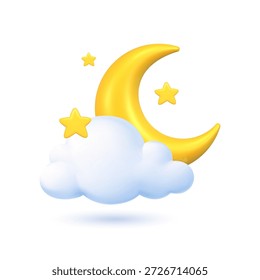 A cena noturna dos desenhos animados macios com lua crescente, nuvem fofa e estrelas brilhantes. Perfeito para projetos para dormir, temas infantis, aplicativos para dormir, cartazes e decoração de berçário.