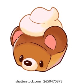 A soft cartoon-style bread shaped like a bear with whipped cream on top. Ideal for bakery-themed designs, kawaii illustrations, or cute snack graphics.
