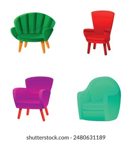 Soft chair icons set cartoon vector. Various soft colorful armchair. Cushioned furniture, interior design