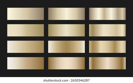 Coleção de amostras de gradiente de ouro de champanhe suave. Texturas metálicas leves com brilho de folha polida e transições suaves de cetim. Paleta elegante para designs sofisticados e premium