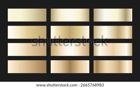 Soft champagne gold gradient swatches collection. Light metallic textures with polished foil shine and satin smooth transitions. Elegant palette for premium and sophisticated designs