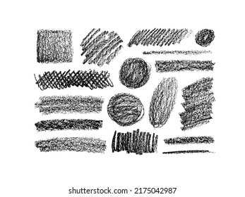 Soft charcoal bold smears, wide brush stroke geometric shapes. Hand drawn scribble sketch banners, circle and square shapes. Charcoal pencil scribbles with noise texture. Abstract graphite smears