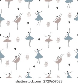 Patrón de Bailarina con Encanto Suave con Tutus y Corazones de Amor. Perfecto para la tela de los niños, decoración de la guardería, ropa de bebé, papelería, papel de regalo, y proyectos de diseño con temática de safari.