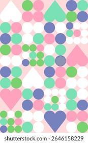 A soft and charming pastel pattern featuring hearts and circles in a Bauhaus grid design