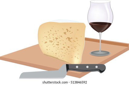 soft cheese on cutting board and wine glass