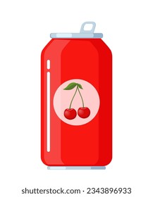 Soft cherry drink can. Soda drink aluminum red can. Vector illustration