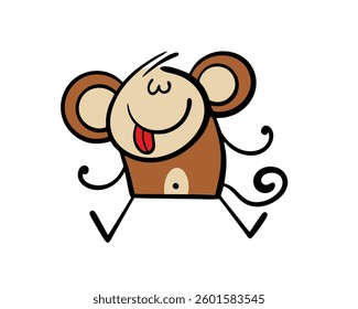 Soft children  toy with a protruding tongue, big ears and a tail. Vector illustration of a playful monkey. Isolated funny character on white background.
